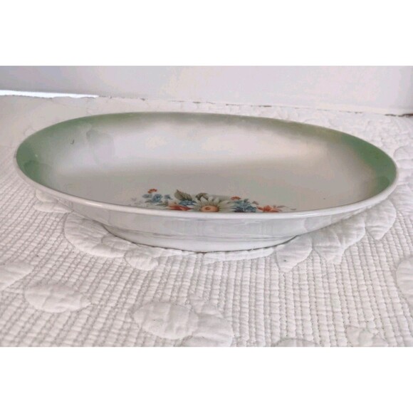 Antique G.H.O. Bavaria Lusterware Oval Dish Floral Center Green Iridescent Rim - Picture 6 of 8